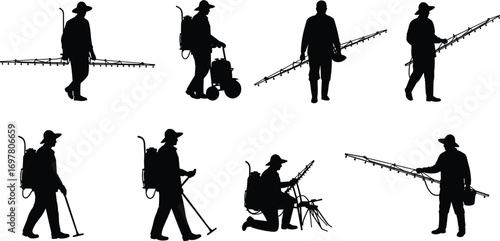 Silhouettes of farmers using backpack and handheld agricultural sprayers for crop protection and pest control in outdoor farming scenes.