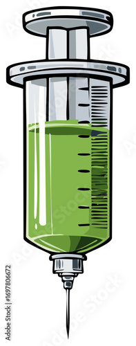 Vector illustration of a medical syringe filled with a green liquid for vaccination or treatment