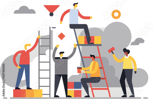 Teamwork and Collaboration Building a Structure Together with Ladders and Blocks Illustration