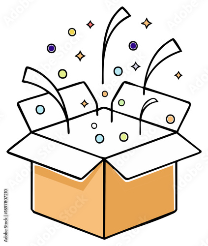 Open gift box with colorful confetti and stars bursting out, festive surprise celebration