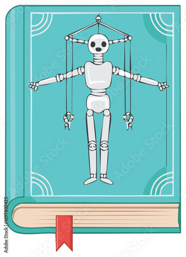 Puppet marionette on a book, illustration of a fictional puppet book.