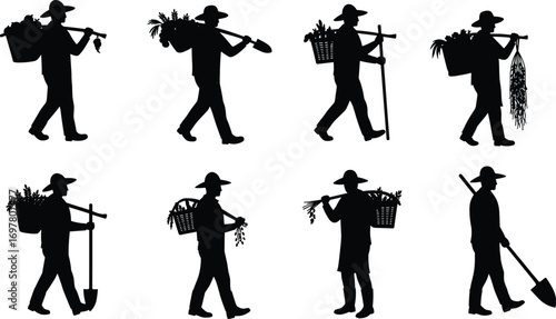 Silhouettes of Farmers Walking with Harvest Baskets, Shovels, and Crops, Rural Agriculture Workers Carrying Vegetables and Farming Tools
