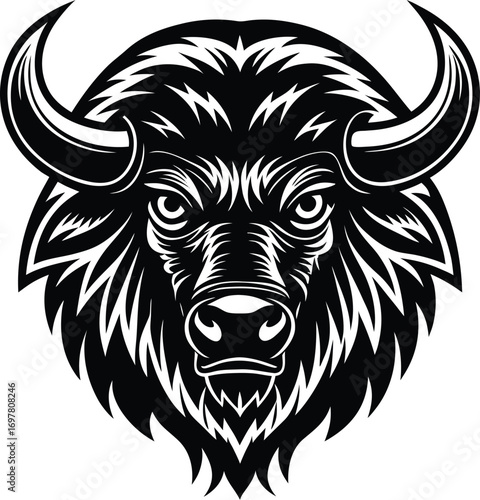Vector art of a powerful black and white graphic illustration of a bisons head, showcasing its formidable horns and shaggy mane with intense detail, isolated on a