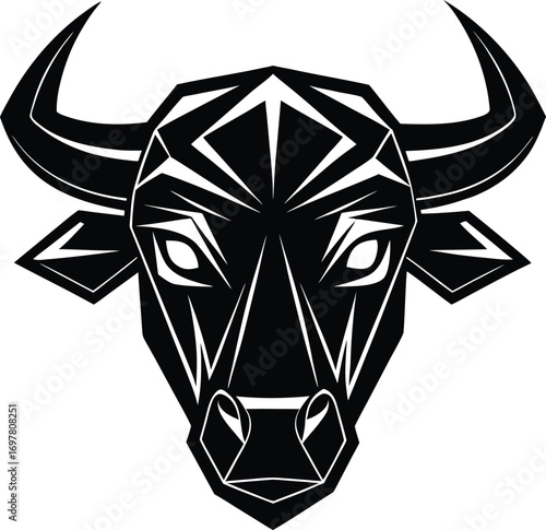 Vector art of a stylized black and white geometric illustration of a bulls head, with sharp angular lines and a commanding presence, isolated on a