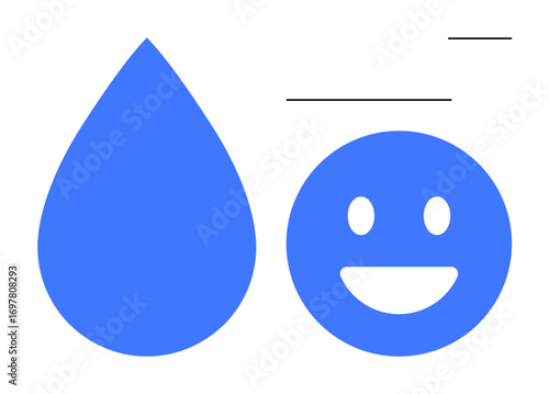 Blue droplet and happy face paired with horizontal lines for simplicity and clarity. Ideal for water conservation, emotions, minimalism, positivity, design projects, branding, simple landing page
