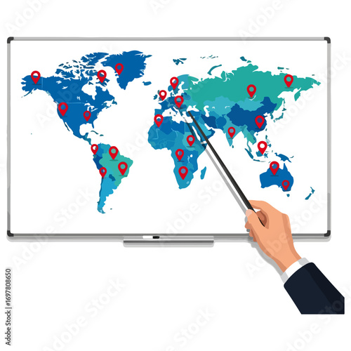 Hand points at a world map on whiteboard showing global reach.