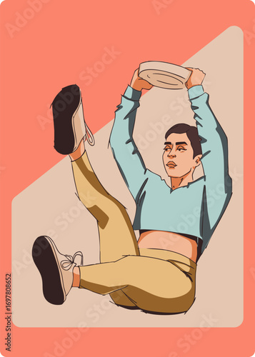 A girl is doing an exercise with dumbbells. Vector illustration. Color illustration.