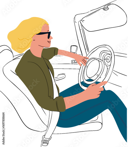 A girl is traveling by car. Vector illustration.