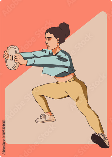 A girl is doing an exercise with dumbbells. Vector illustration. Color illustration.
