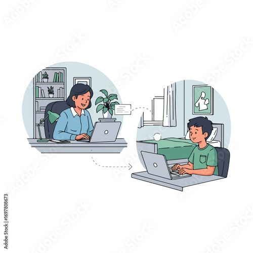Online education concept with a female teacher tutoring a male student in bed using laptops for a remote class.