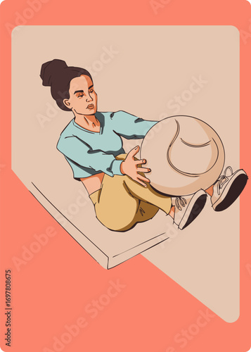 A girl is doing an exercise with sport ball. Vector illustration. Color illustration.