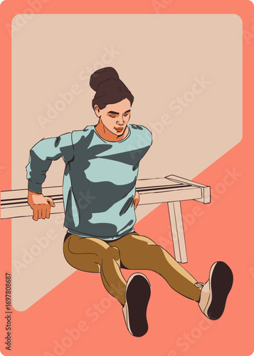 A girl is doing an exercise on a bench. Vector illustration. Color illustration.