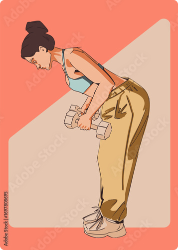 A girl is doing an exercise with dumbbells. Vector illustration. Color illustration.