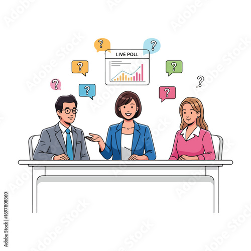 Three people at a table with a live poll graphic, discussing and presenting information.