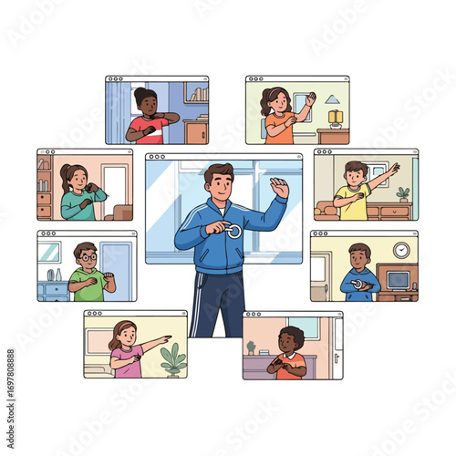 Online fitness class led by a male instructor, with diverse children participating from their homes via video conferencing.