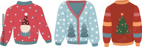 Set of Christmas sweaters and cardigan isolated on white background. Illustration of warm woolen New Year's pullovers	