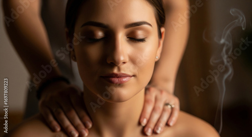 Young beautiful woman enjoying a tantric massage in an atmosphere of peace and meditation against the background of an authentic massage parlor