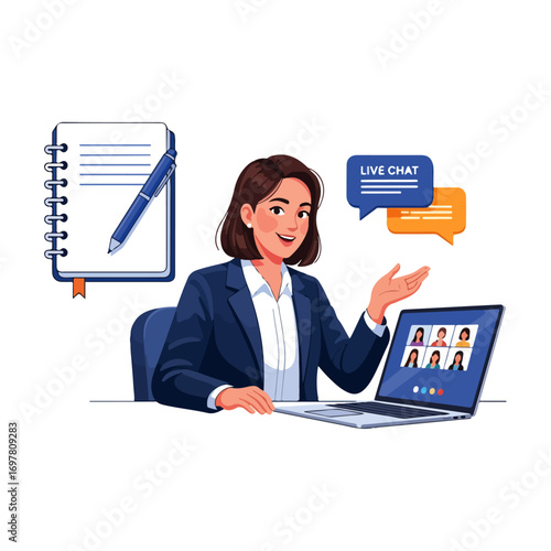 Businesswoman conducts a live online meeting, using laptop and chat.