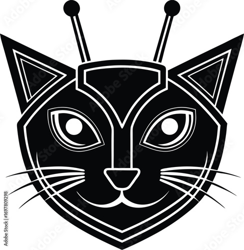 Vector art of futuristic black and white illustration of a cats head with antennae and a visor, representing a scifi feline or alien pet, ideal for technology and space themes