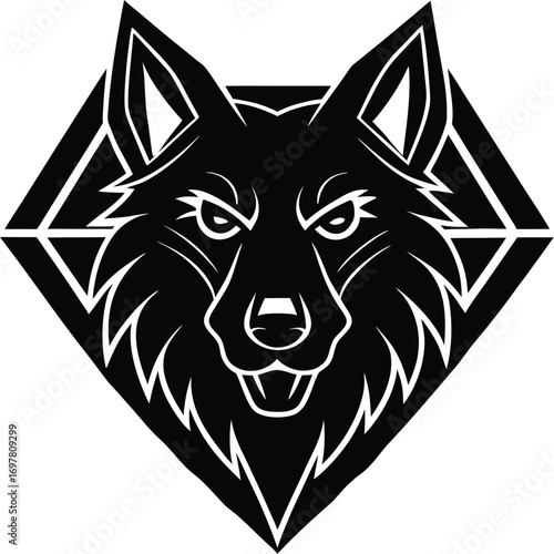 Vector art of stylized black and white illustration of a fierce wolf head inside a geometric diamond shape, conveying power and wildness, perfect for logos and emblems