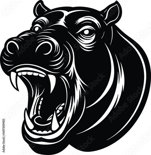 Vector art of fierce hippopotamus head with open mouth and sharp teeth, aggressive expression, black and white illustration, suitable for sports team logo or mascot