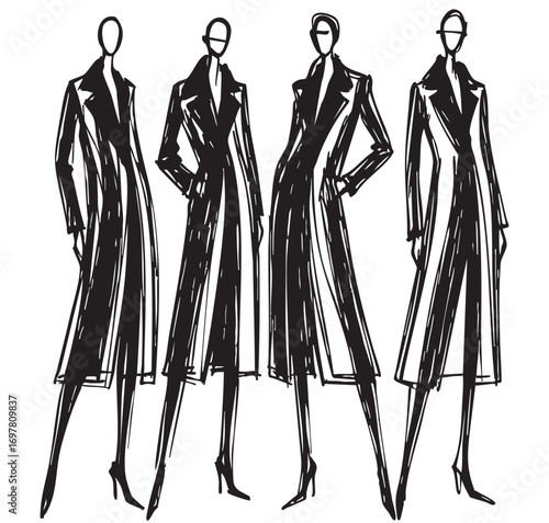 Abstract fashion models. Womans in black coat. Fashion girls Sketch