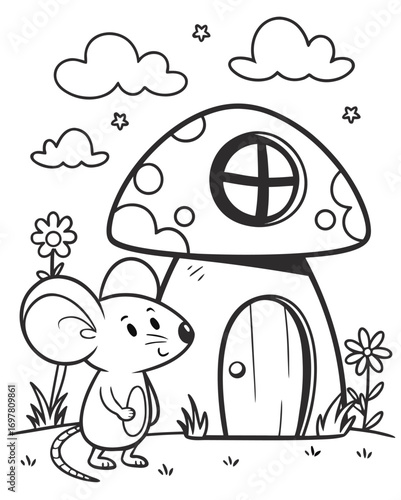 Cute cartoon mouse next to a mushroom house, a printable coloring page for kids. Fun and easy black and white animal fantasy activity sheet
