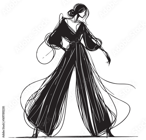 Fashion models in wide pants silhouettes sketch hand drawn , vector illustration, abstract
