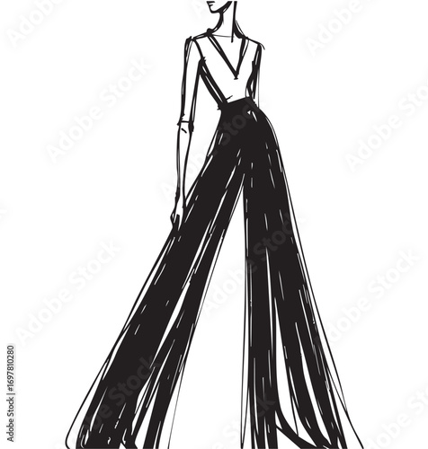 Fashion models in wide pants silhouettes sketch hand drawn , vector illustration, abstract