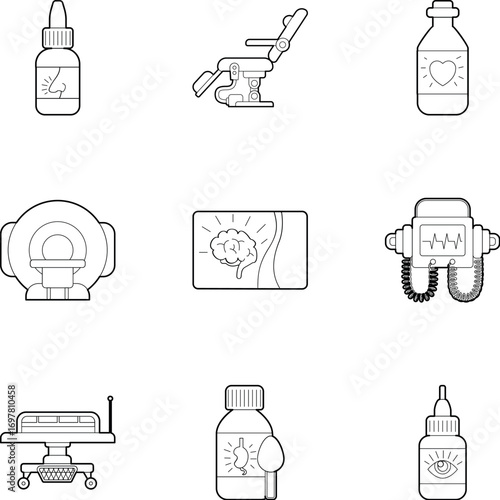 Diagnosis and treatment of diseases icons set
