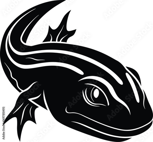 Vector art of stylized black silhouette of a salamander with a long, curved tail and spiky dorsal fins, isolated on a, representing a unique amphibian creature with a tribal or tattoo art style