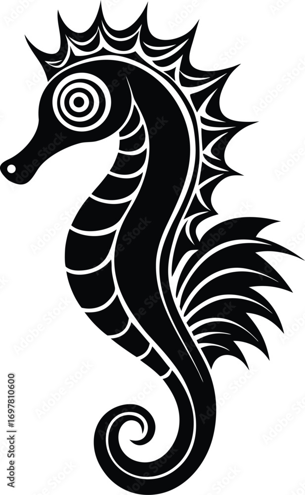 Obraz premium Vector art of elegant black silhouette of a seahorse, isolated on a, featuring a detailed, stylized body with a curled tail and a crown of spiky fins, ideal for underwater or oceanic art