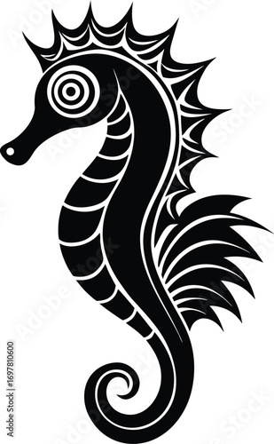 Vector art of elegant black silhouette of a seahorse, isolated on a, featuring a detailed, stylized body with a curled tail and a crown of spiky fins, ideal for underwater or oceanic art