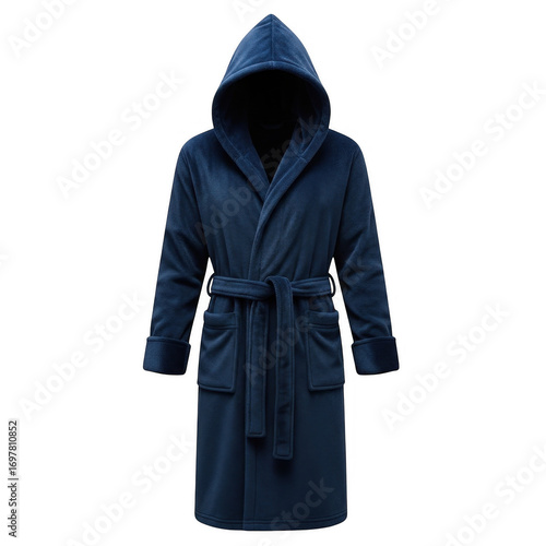 Luxurious blue hooded bathrobe with belt perfect for relaxation and comfort transparent