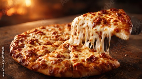 A steaming slice of pizza topped with melted cheese, demonstrating delicious gooeyness, perfect for cheese lovers and comfort food aficionados to enjoy.