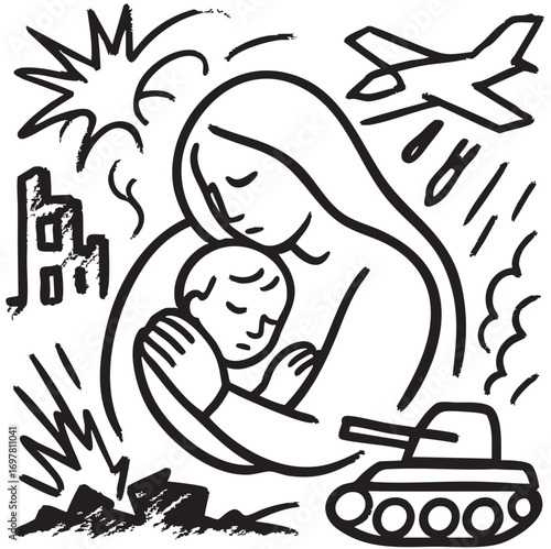 Woman and child. Sketch child is protected from war
