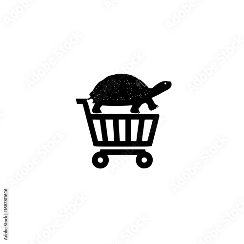 Shopping cart with small tortoise icon vector isolated on white for pet store and nature ecommerce
