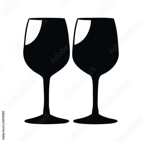 Elegant silhouette illustration of two wine glasses against a stark white background, wine glasses silhouette vector illustration
