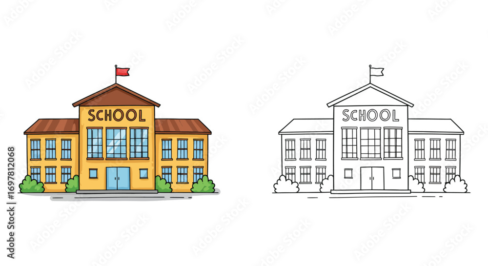 Fototapeta premium a colorful school building next to its black white version