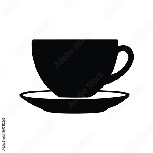 Elegant black silhouette of a coffee cup sitting atop its matching saucer, coffee cup with saucer silhouette vector illustration