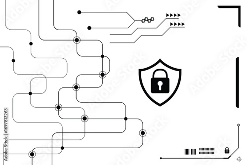Digital technology concept, cyber security, data protection, internet network connection, prominent shield in the center HUD on white background.