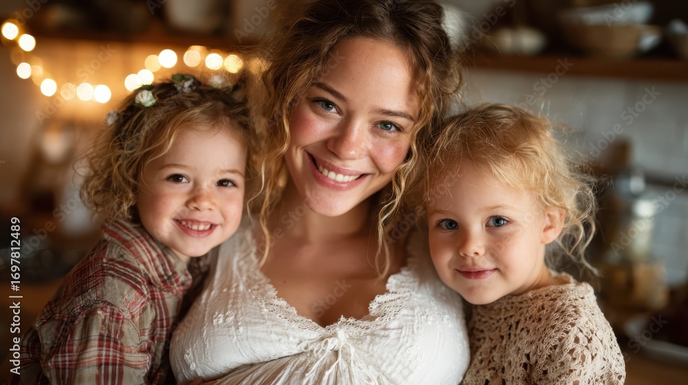 Obraz premium A heartwarming image of a joyful woman with two children in a cozy kitchen, radiating happiness and love in a beautifully warm, inviting environment filled with life.