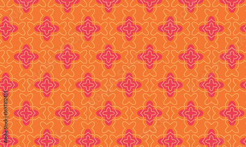 Geometric linear and filled shapes pattern in red and orange. Seamless colorful retro vector ornament in bright colors for textile, fabric, interior, ceramic, wallpaper, paper decoration