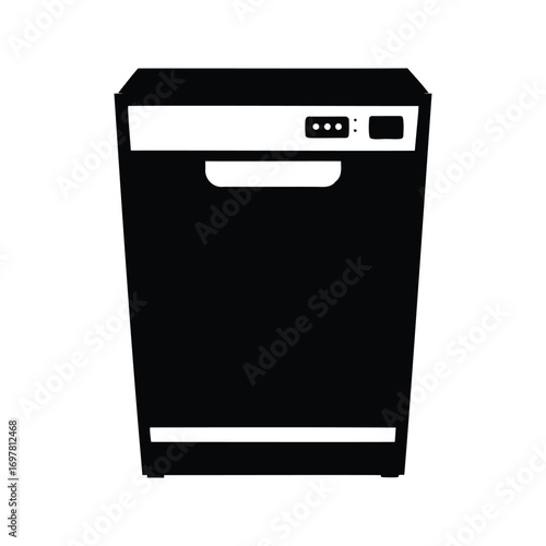 Black and white dishwasher appliance illustration showing the panel and interior space, dishwasher silhouette vector illustration