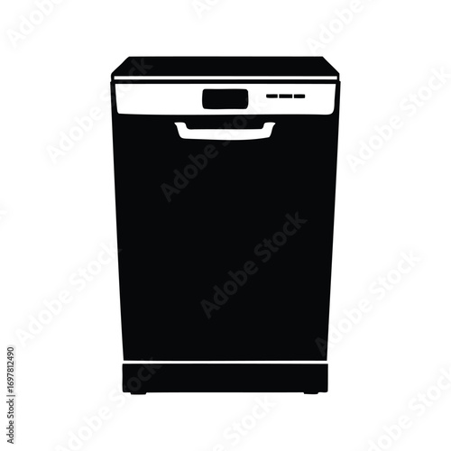 A black and white minimalist illustration of a modern kitchen dishwasher, dishwasher silhouette vector illustration
