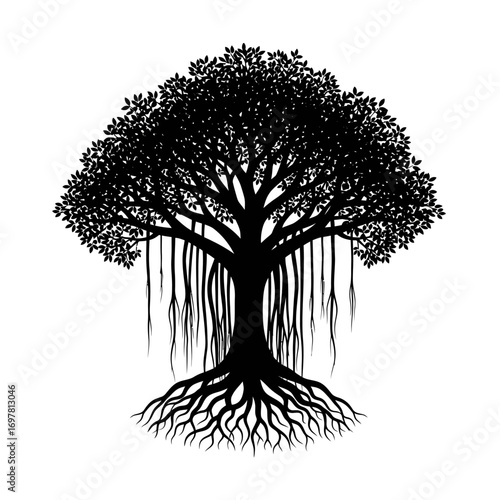 Black silhouette of a majestic Banyan tree with intricate roots and hanging aerial roots.