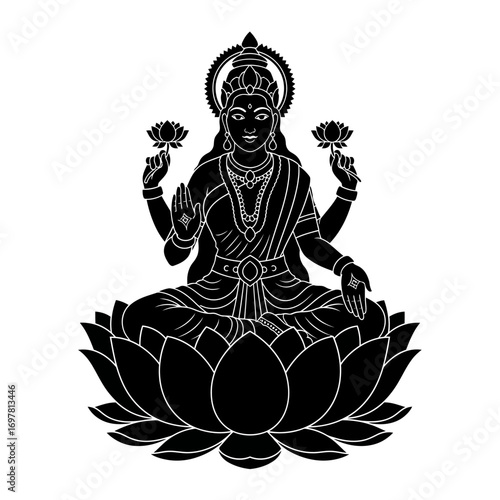 Stylized black silhouette of a four-armed Hindu goddess, possibly Lakshmi, seated on a lotus flower, holding blossoms.