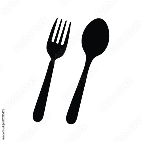 A bold black silhouette of a fork and spoon on white backdrop, spoon and fork silhouette vector illustration