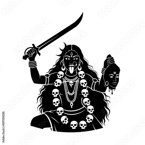 Silhouette illustration of the Hindu goddess Kali, holding a sword and a severed head, adorned with a skull garland.