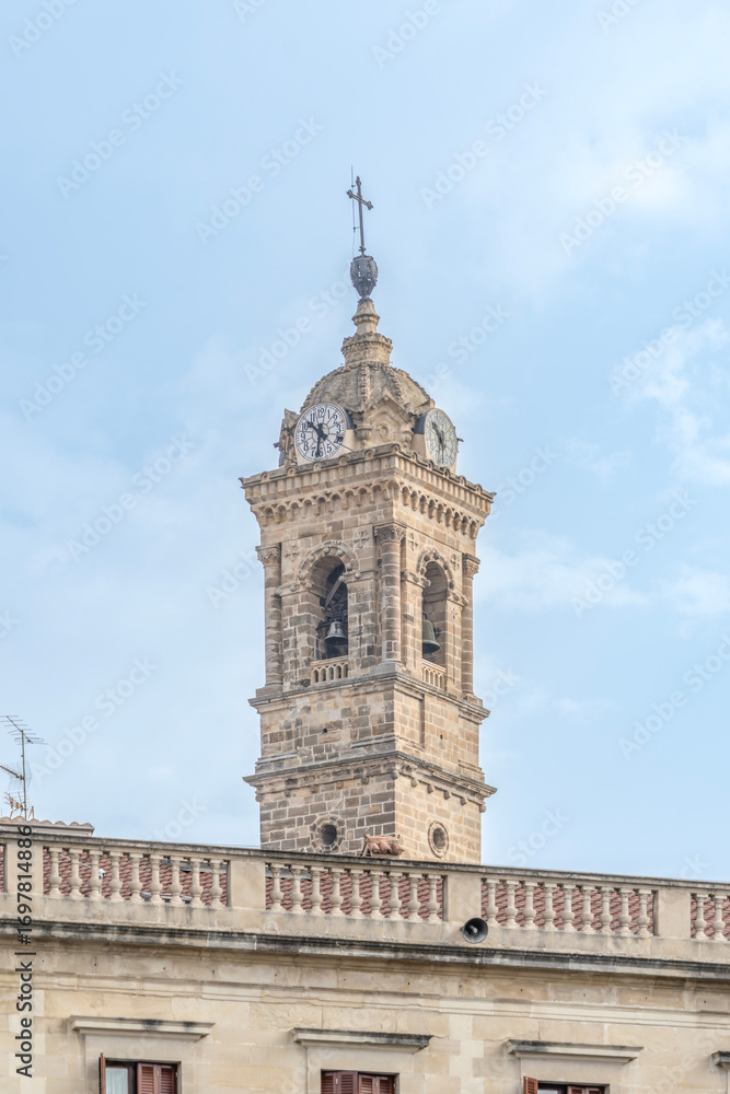 Obraz premium San Miguel Church Bell Tower With Clock In Vitoria-Gasteiz Plaza Virgen Blanca Spain. Gothic Renaissance, Basque Country, Celadon festival tower